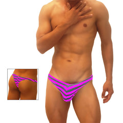 Men’s vibrant pink and gray chevron-patterned Icker Sea Sailor Stripe enhancement c-ring thong underwear front view