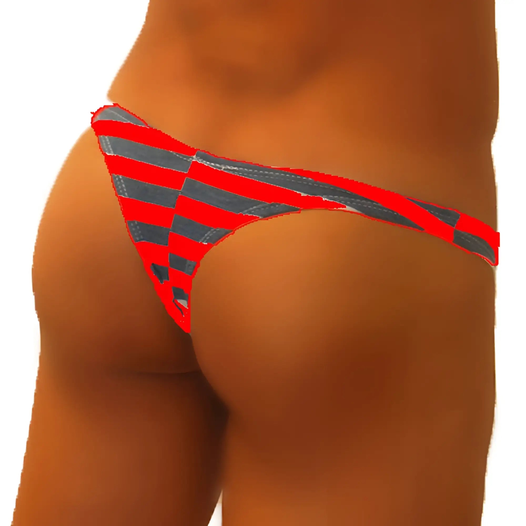 Icker Sea sailor stripe enhancement C-ring thong underwear in red with gray stripes and denim-like texture