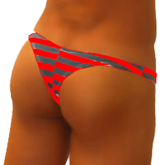 Icker Sea sailor stripe enhancement C-ring thong underwear in red with gray stripes and denim-like texture