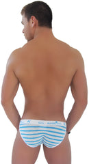Blue and white striped men’s Icker Sea Sailor Stripe logo trim microslip bikini underwear with branded waistband