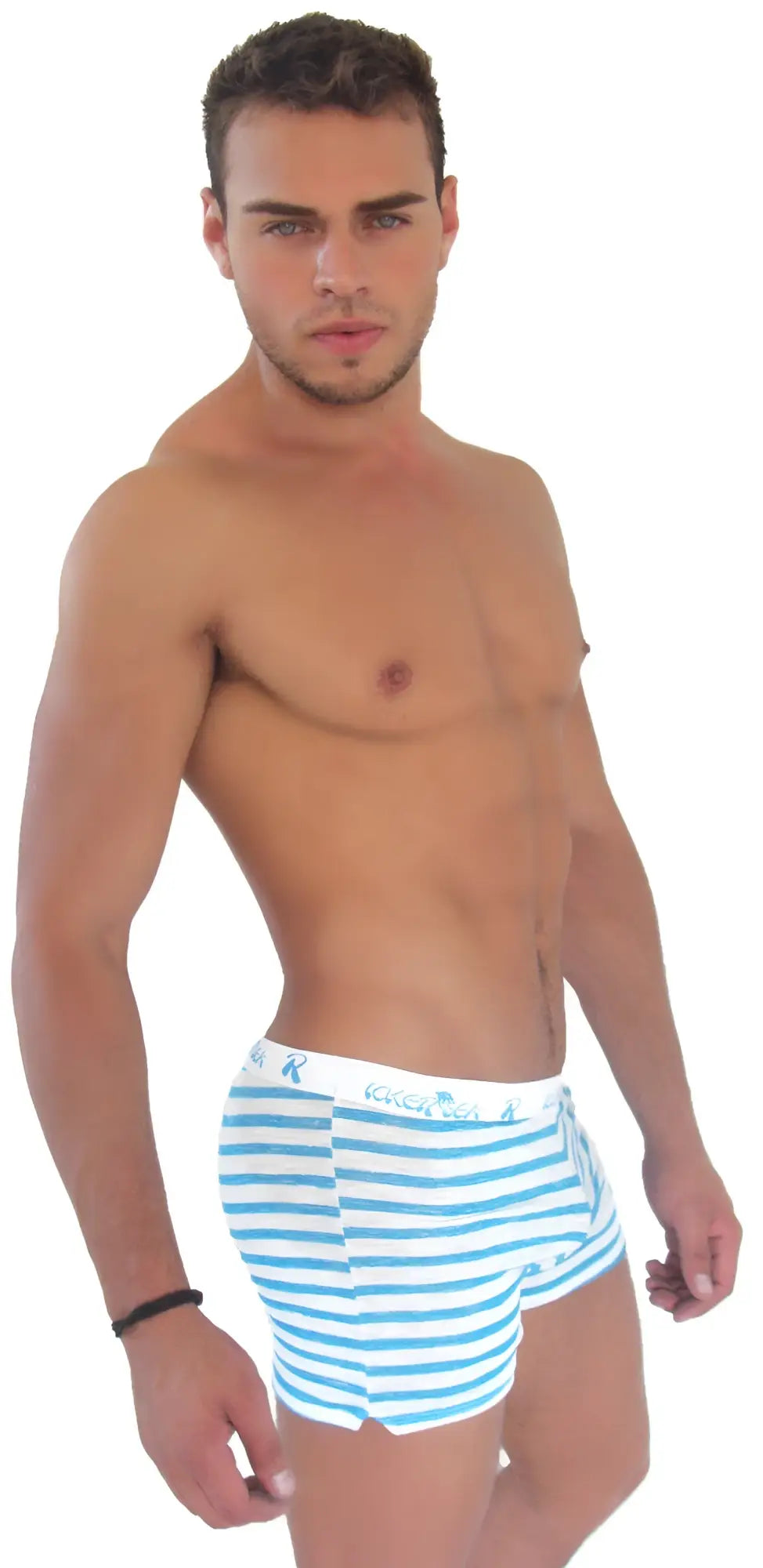 Icker Sea sailor stripe side slit long boxer brief underwear in blue and white stripes with branded waistband