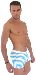 Icker Sea sailor stripe side slit long boxer brief underwear in blue and white stripes with branded waistband