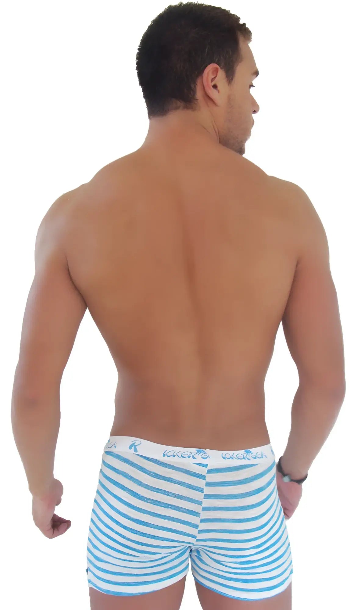 Icker sea sailor stripe side slit long boxer brief underwear in blue and white striped fabric with branded waistband