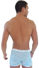 Icker sea sailor stripe side slit long boxer brief underwear in blue and white striped fabric with branded waistband