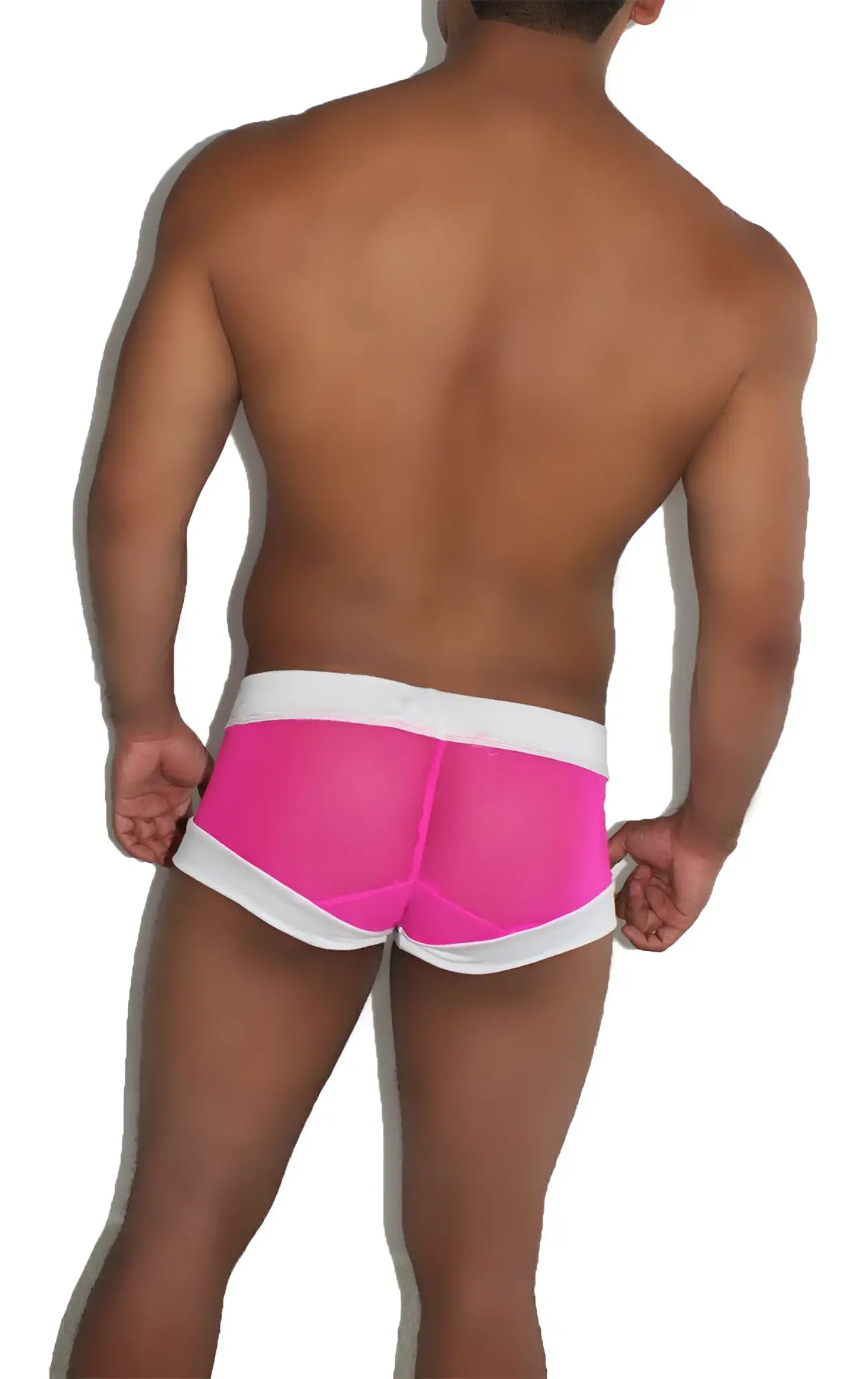 Icker Sea sheer lace up front boxer brief underwear in bright pink sheer mesh with white elastic waistband