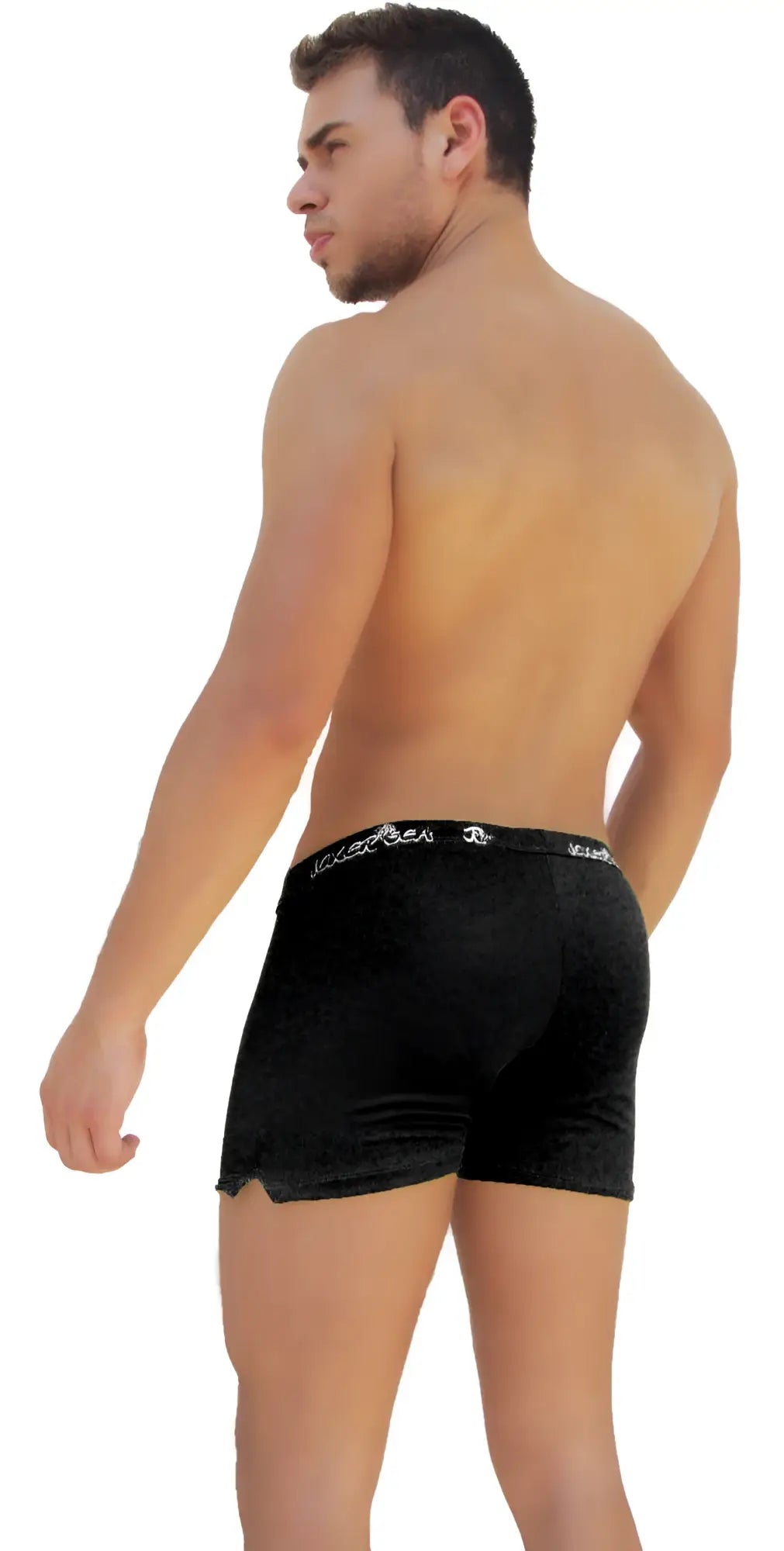 Black velvet boxer briefs with a silver chain-like waistband featuring vicenza logo in i cker sea side slit long style