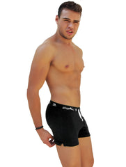 Black velvet icker sea side slit long boxer brief underwear with white embroidered branding and matching drawstring