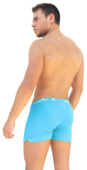 Icker sea side slit long boxer brief underwear in bright blue cotton with subtle white logo trim on the waistband