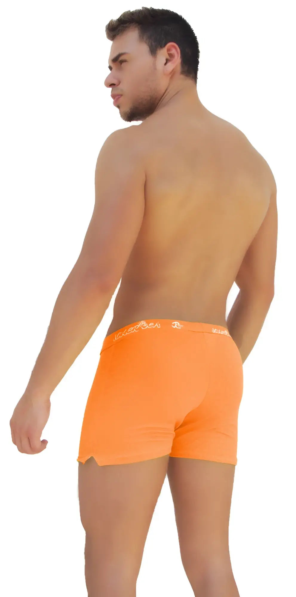 Bright orange icker sea side slit long boxer briefs with subtle white logo on waistband for comfortable wear