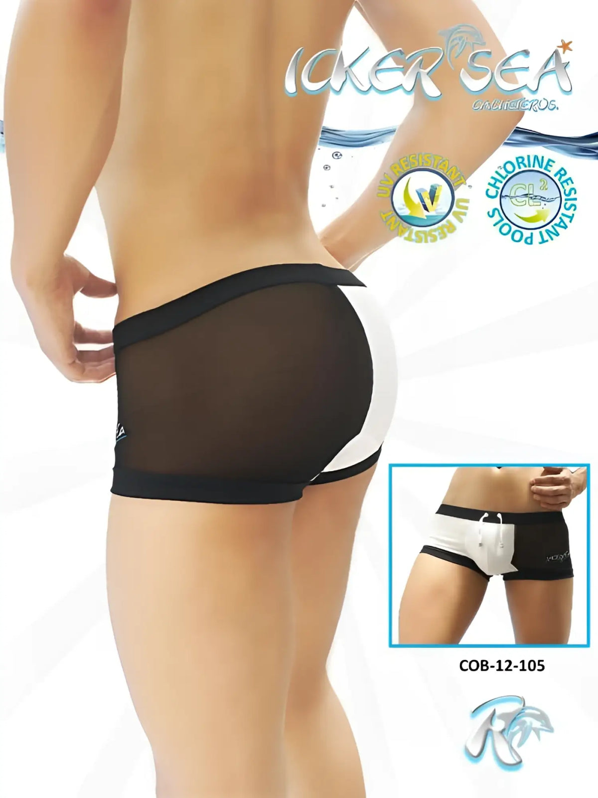 Black and white mesh swim trunks with solid black waistband and icker sea logo one side transparent contrast trim