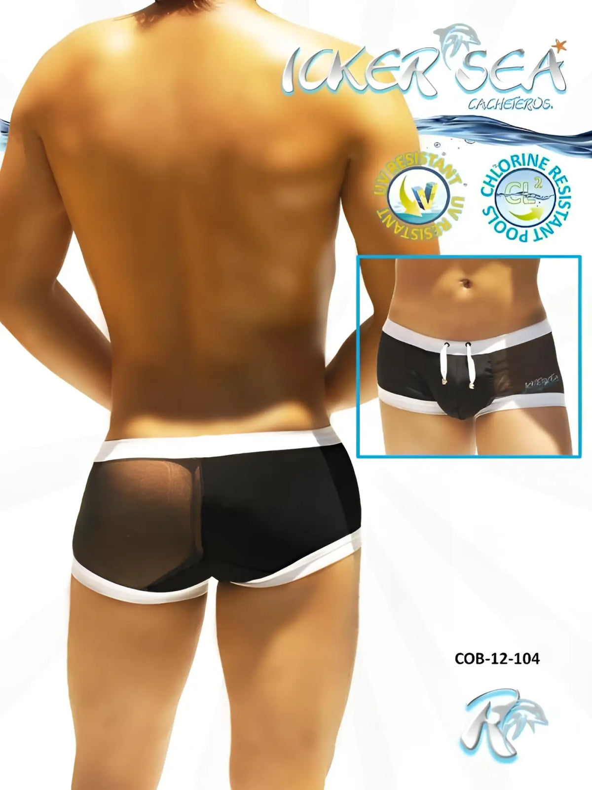 Icker Sea black and white mesh swim trunks with drawstring waistband and one side transparent square cut design