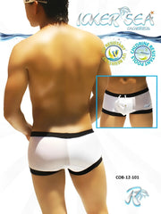 Icker Sea White one side transparent square cut swim trunk with black trim and drawstring waistband