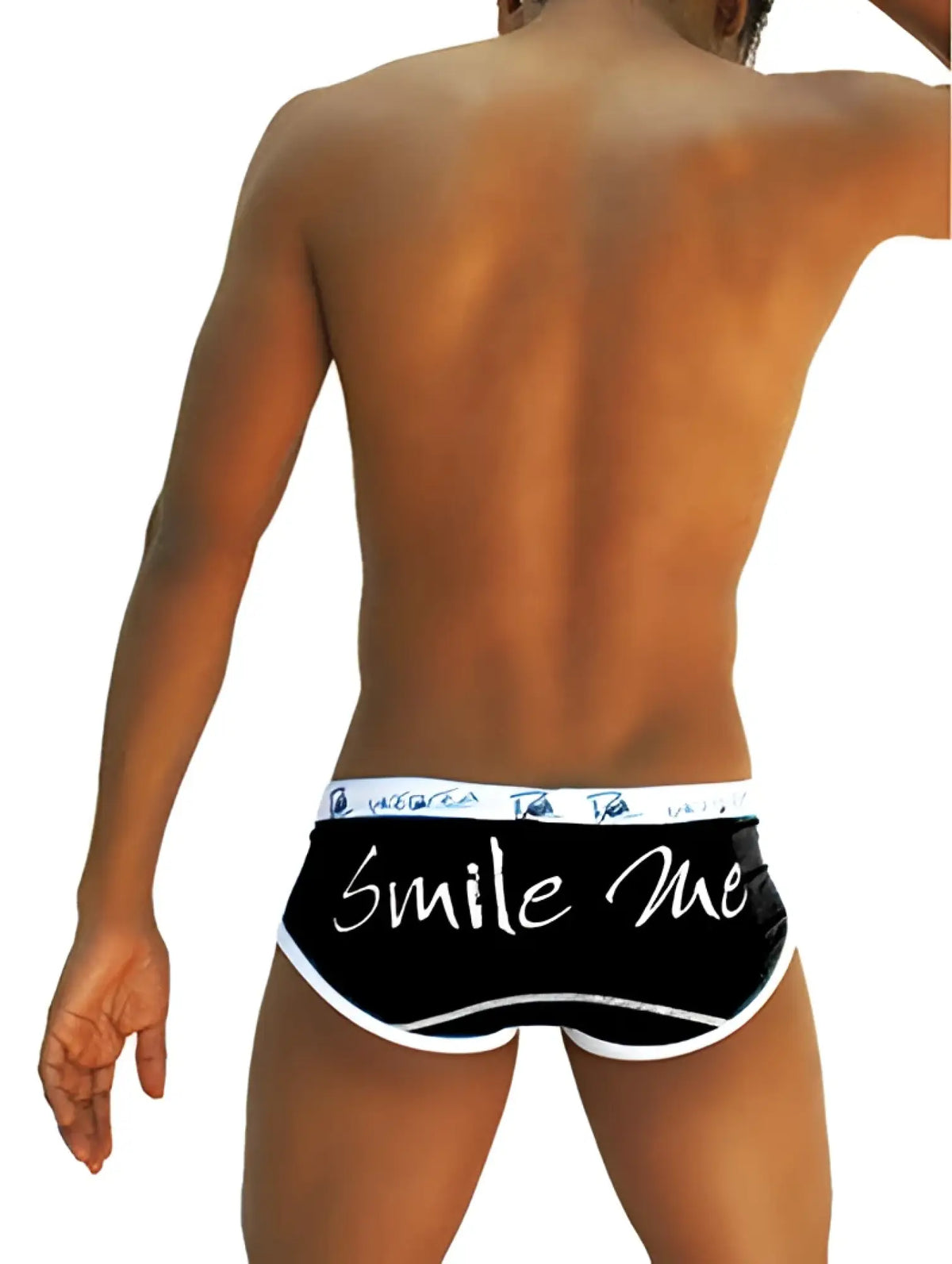 Black briefs with white trim and smile me cursive text front by Icker Sea COI-13-14 breathable underwear