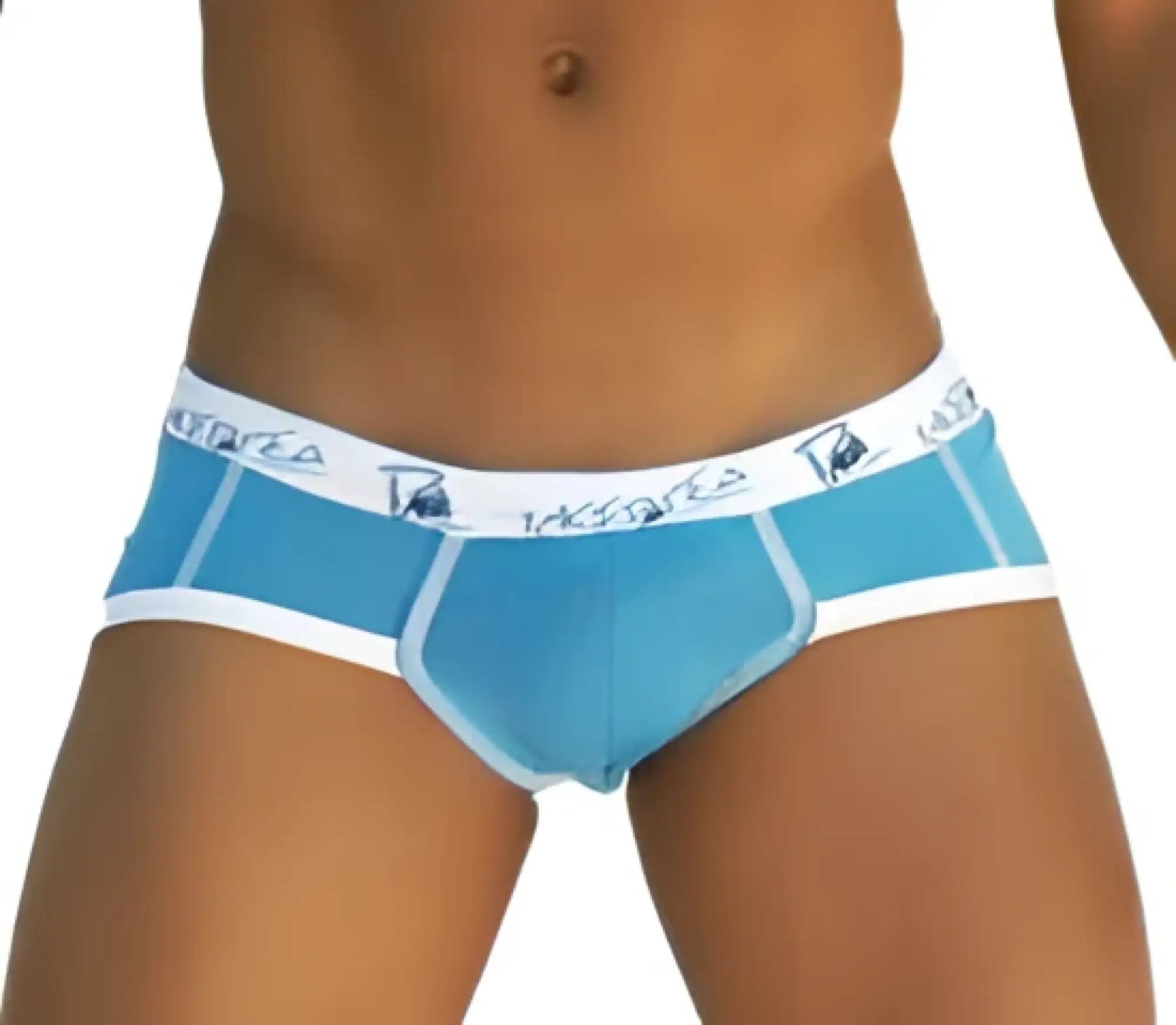 Light blue Icker Sea Smile Me brief underwear with white trim and repeating logo waistband pattern for men