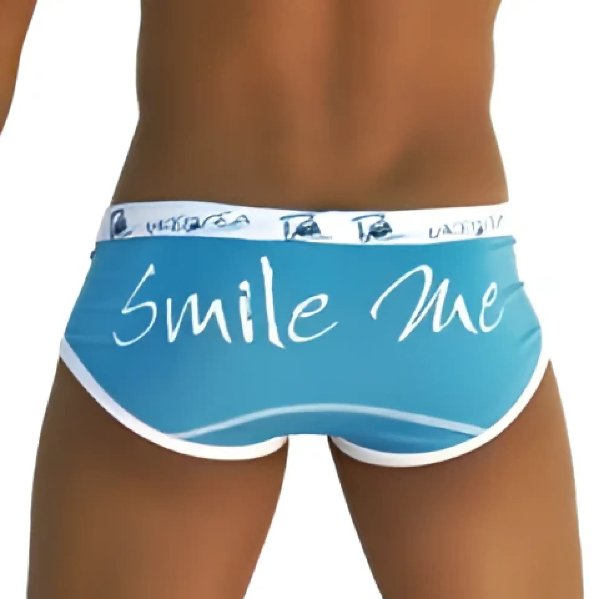 Light blue snug-fitting briefs with white trim and smile me cursive script from icker sea underwear coleccion 13 14