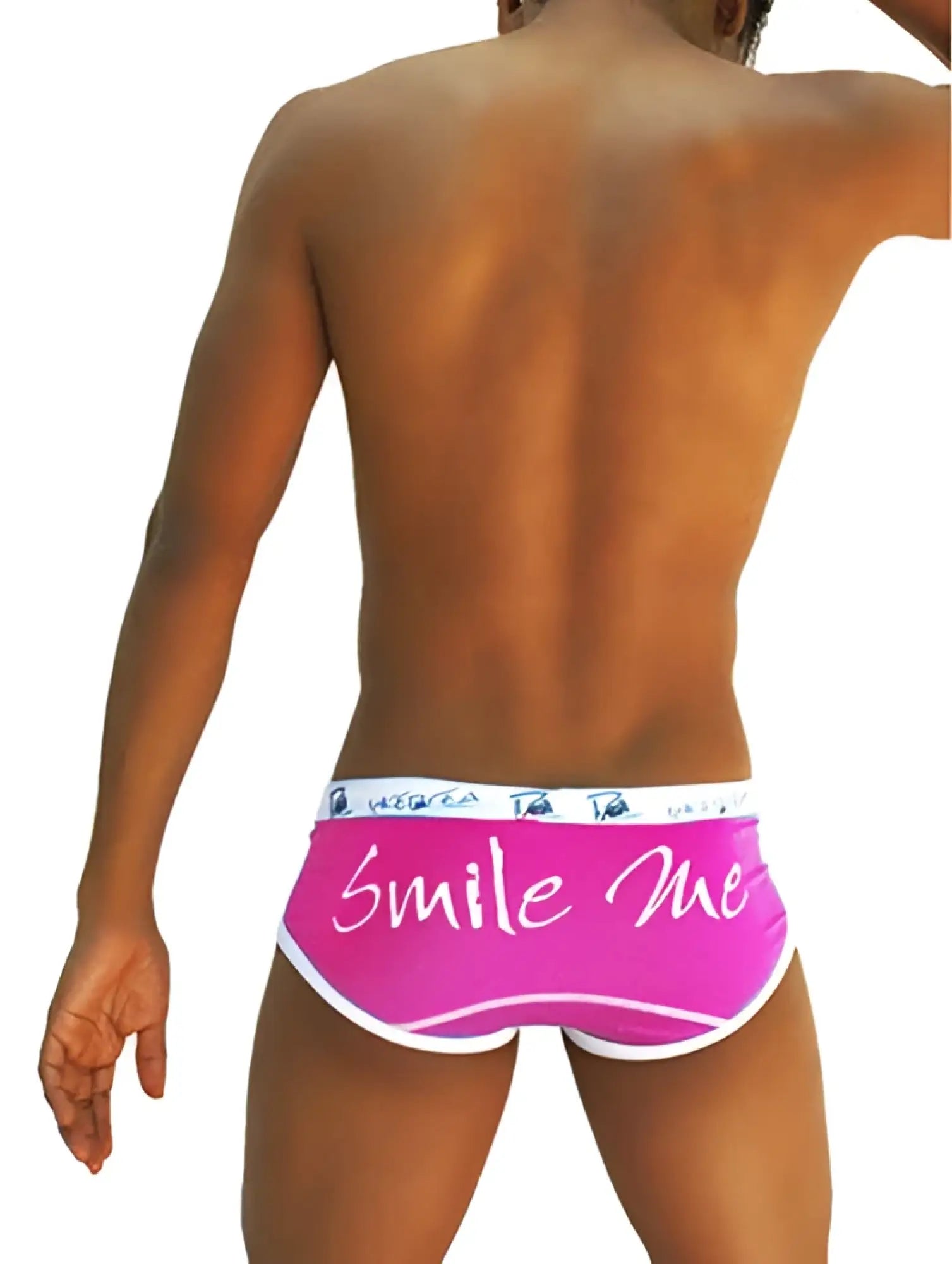 Icker Sea smile me brief underwear in bright pink with white trim featuring smile me cursive script on front