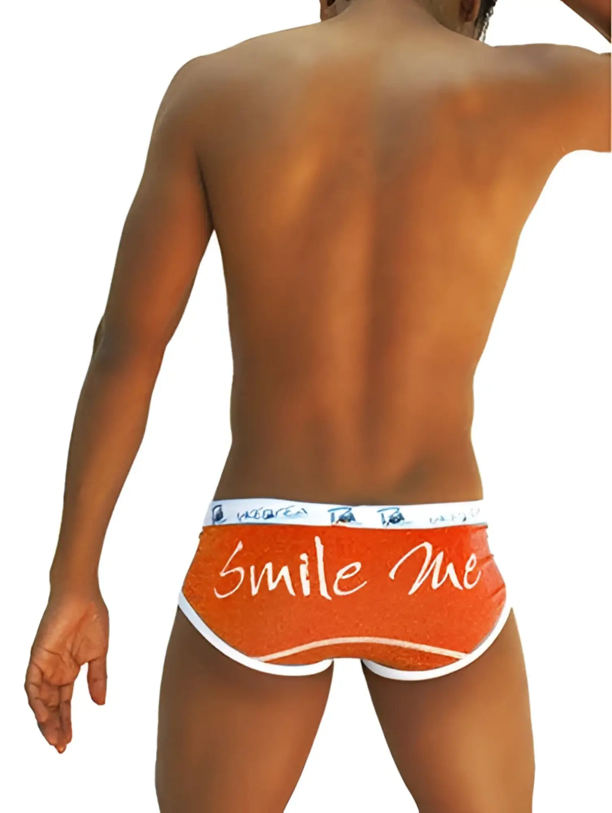 Icker Sea orange briefs with white trim featuring smile me cursive script ideal for comfortable underwear wear