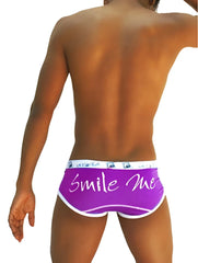Purple icker sea smile me brief underwear with white trim and cursive lettering in soft comfortable fabric