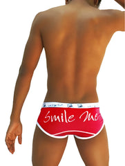 Red smile me brief underwear with white trim and playful script design by icker sea in cotton blend fabric