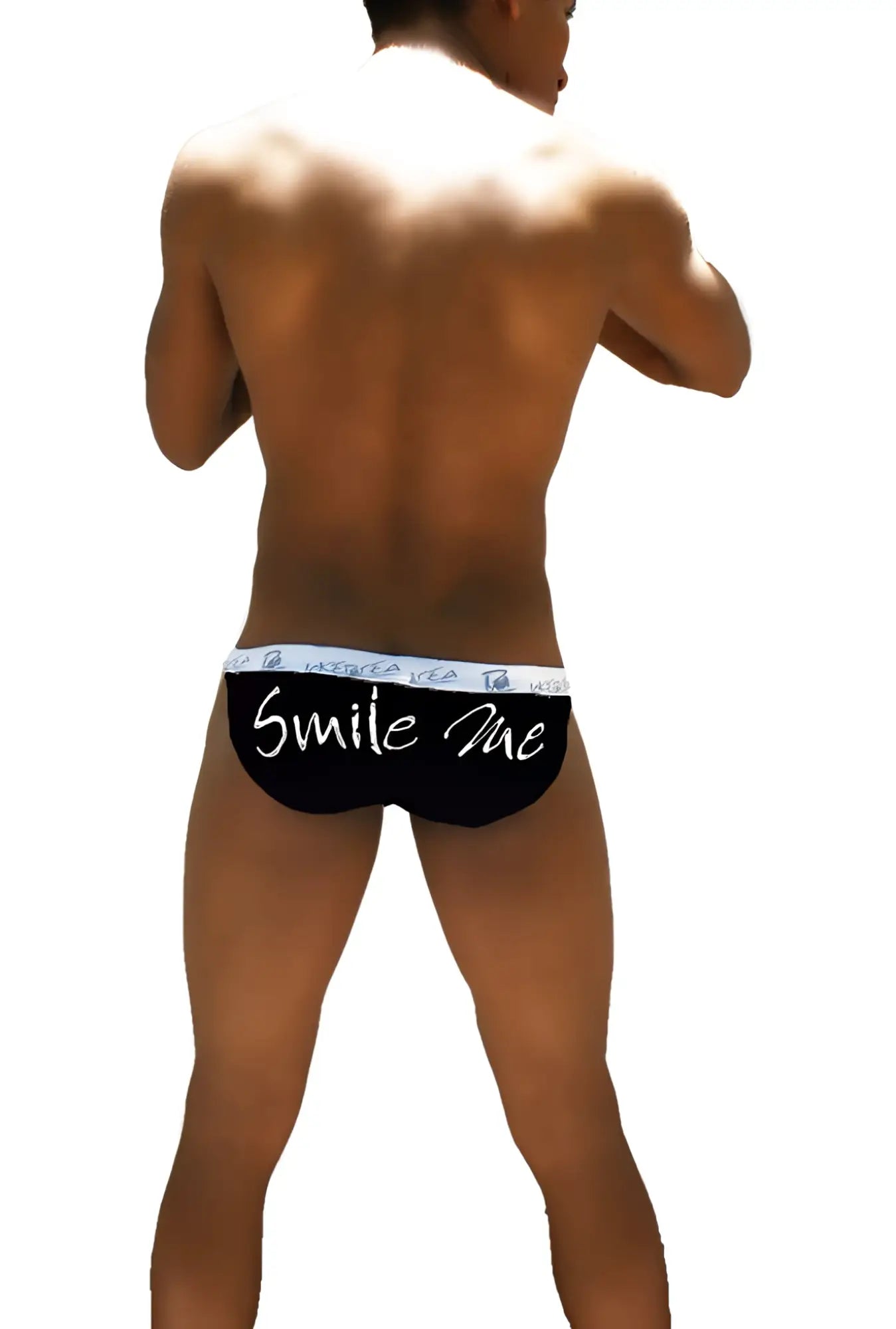 Black icker sea smile me microslip bikini briefs with white text and patterned waistband front view