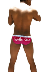 Bright pink icker sea smile me microslip bikini underwear with white waistband and cursive smile me logo