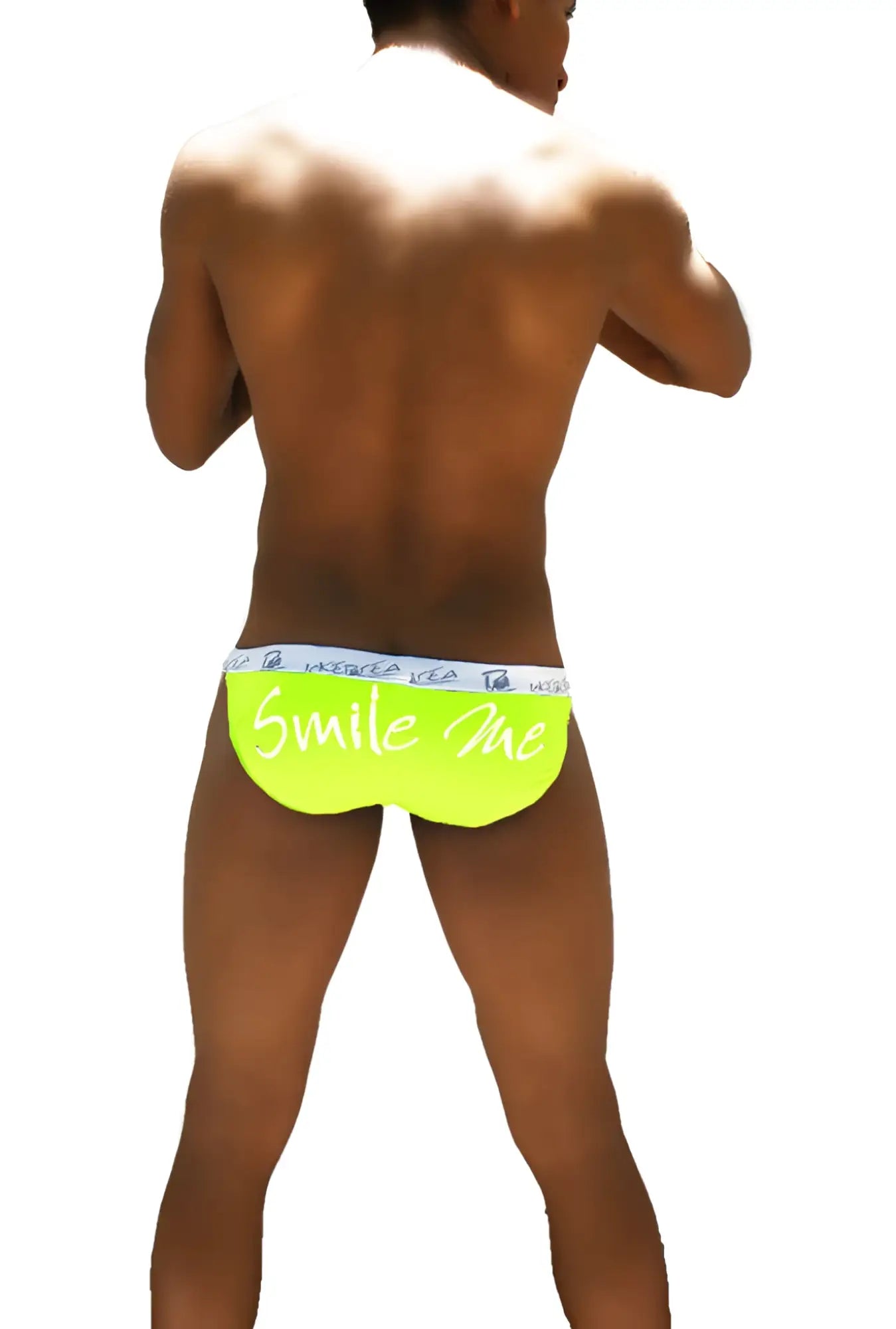 Bright neon green icker sea smile me microslip bikini briefs with white graphic and light blue waistband