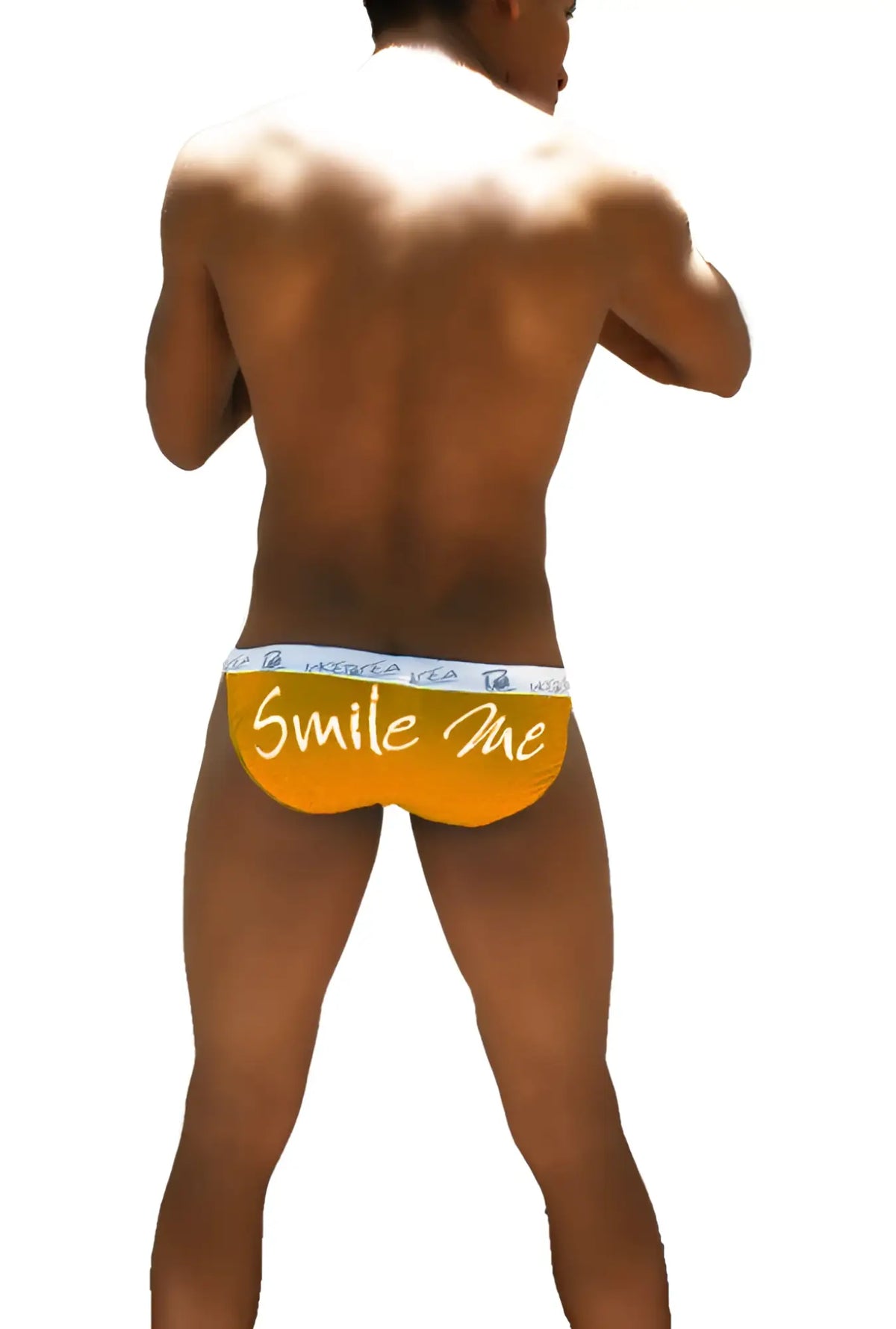 Bright orange icker sea smile me microslip bikini underwear with white waistband and cursive smile me script