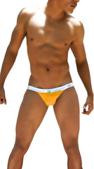 Bright yellow icker sea smile me microslip bikini briefs with white waistband and blue logo text in orange coi-16-32