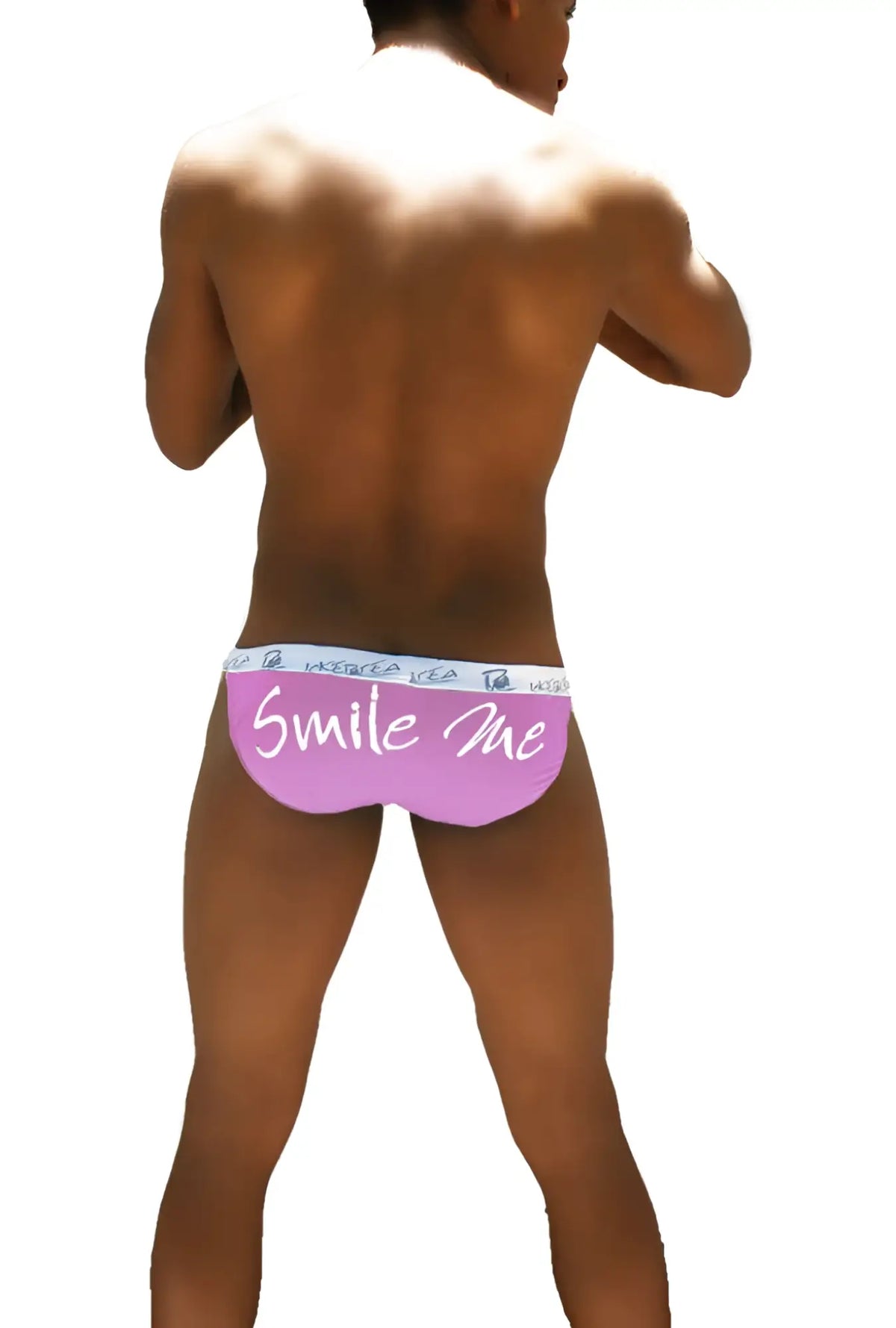 Pink icker sea smile me microslip bikini underwear with white text and light blue waistband front view