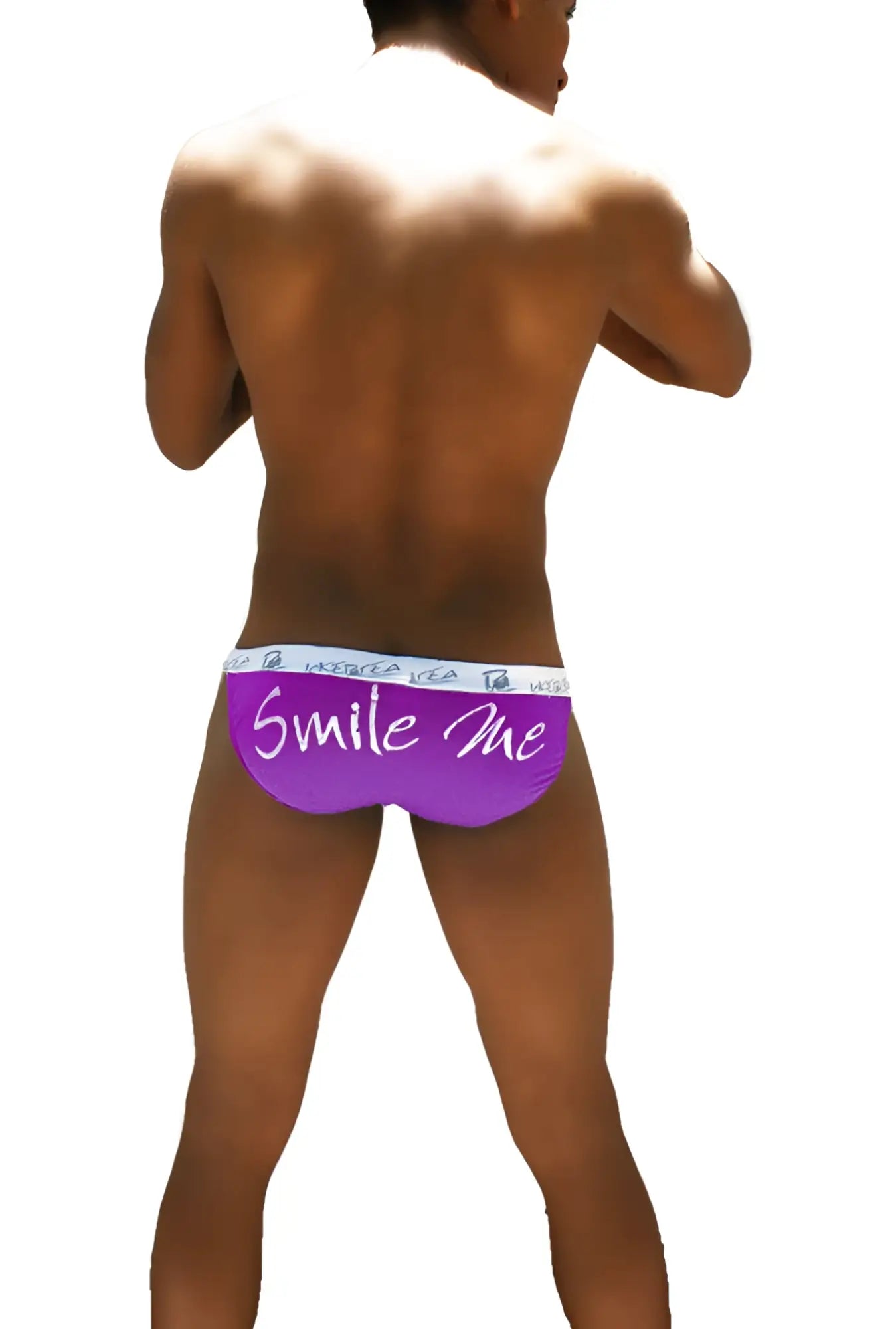 Purple icker sea smile me microslip bikini underwear with white text and light blue waistband in front view