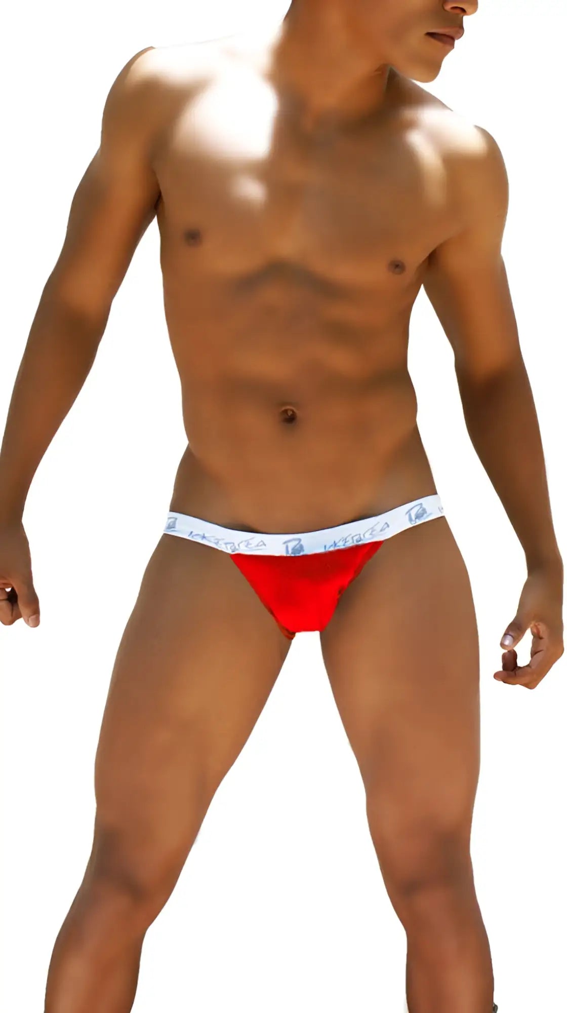 Red icker sea smile me microslip bikini underwear with white waistband featuring blue text and logos