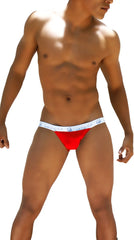 Red icker sea smile me microslip bikini underwear with white waistband featuring blue text and logos
