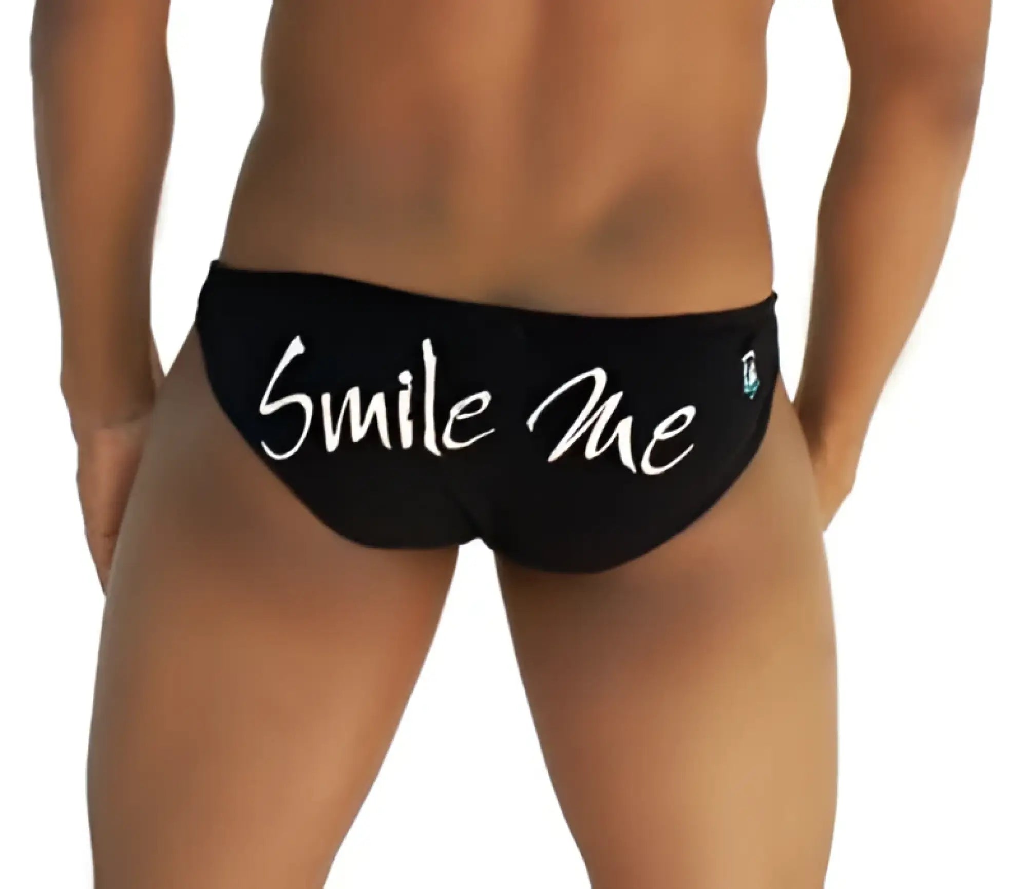 Black Icker Sea Smile Me slip bikini underwear swim trunks with white smile me cursive script on the back side
