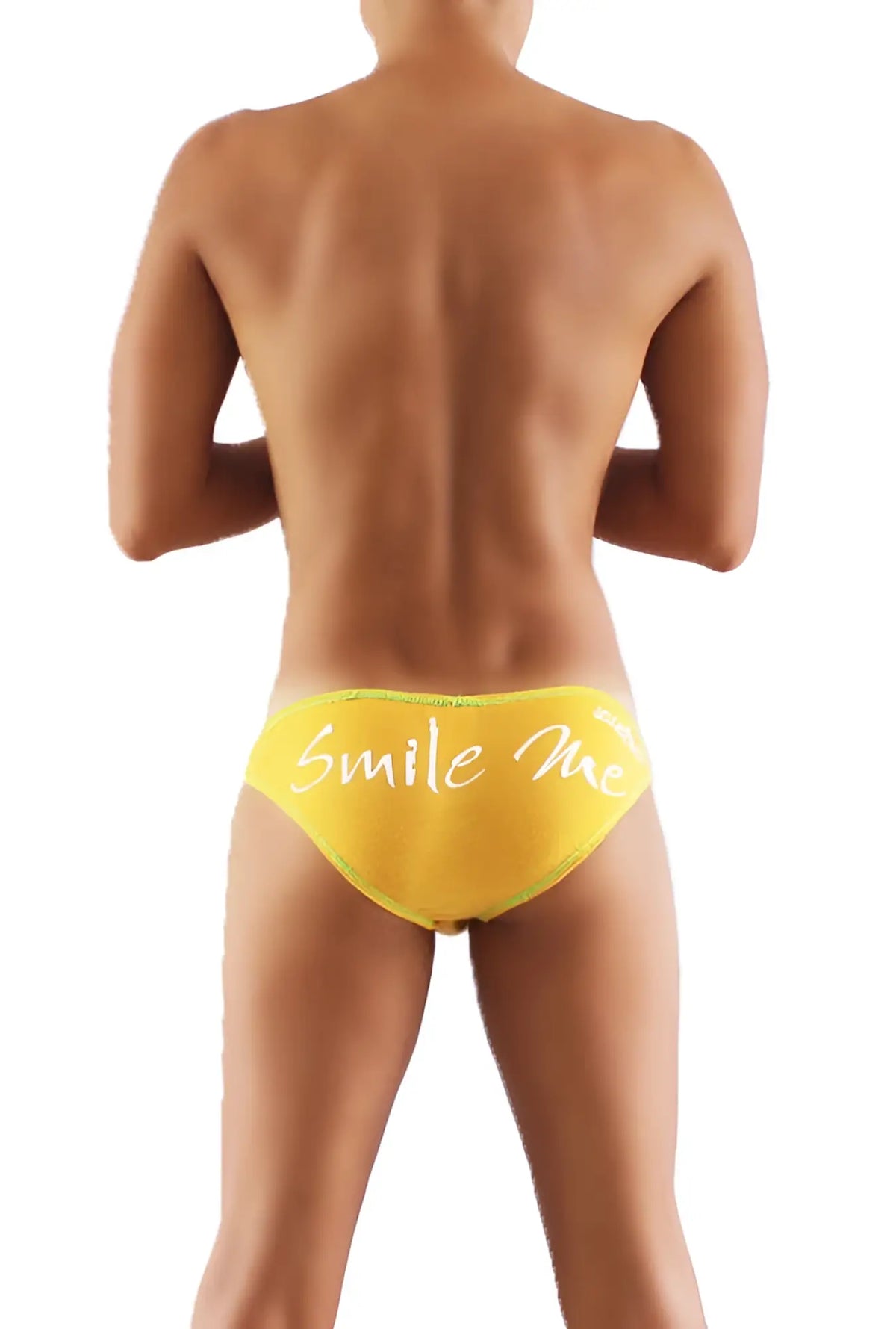 Bright yellow Icker Sea Smile Me slip bikini underwear with white smile me cursive script front design in mango color
