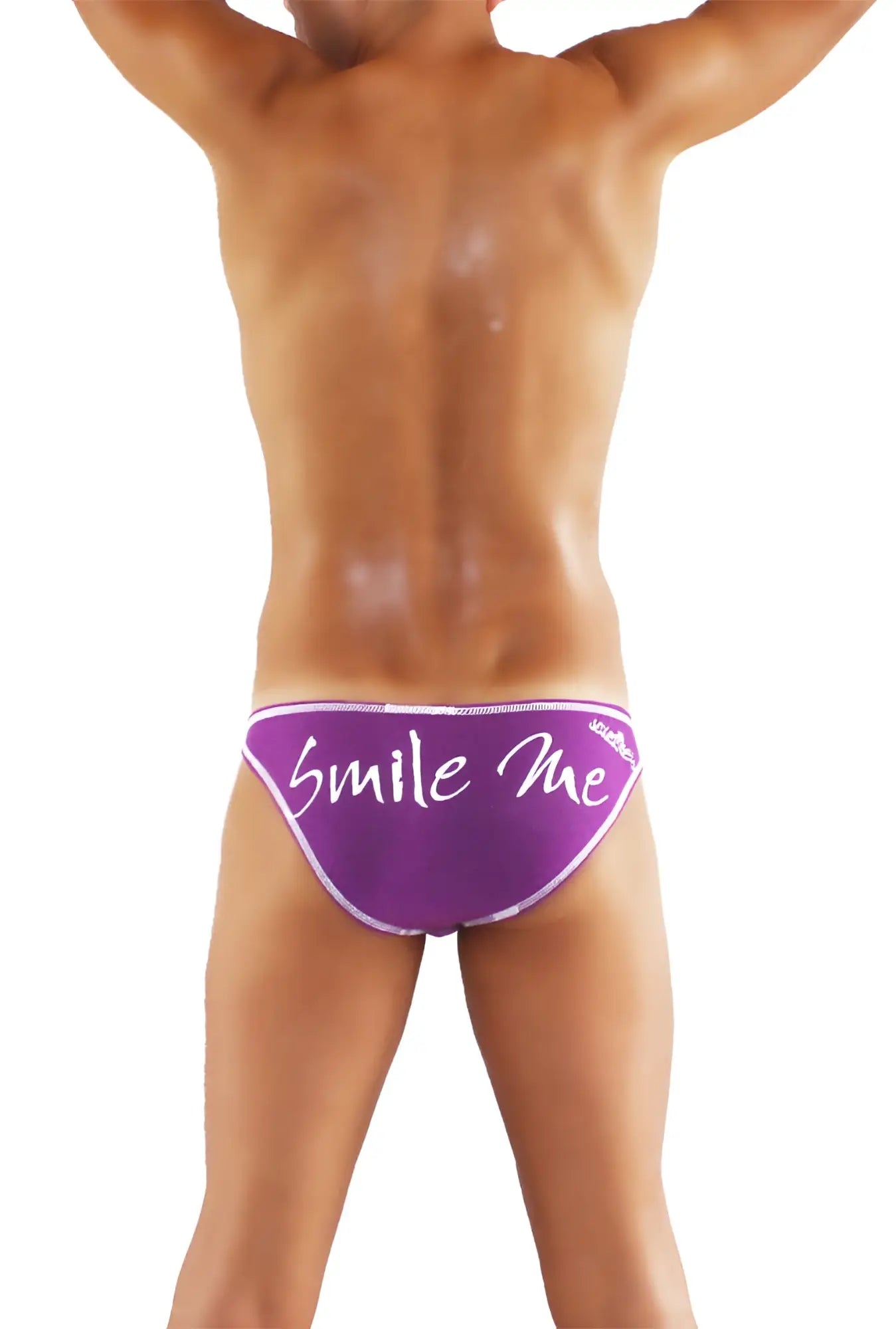 Purple icker sea smile me slip bikini underwear with white smile me text and small logo on waistband