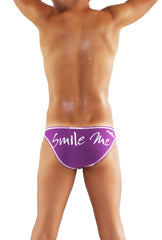 Purple icker sea smile me slip bikini underwear with white smile me text and small logo on waistband