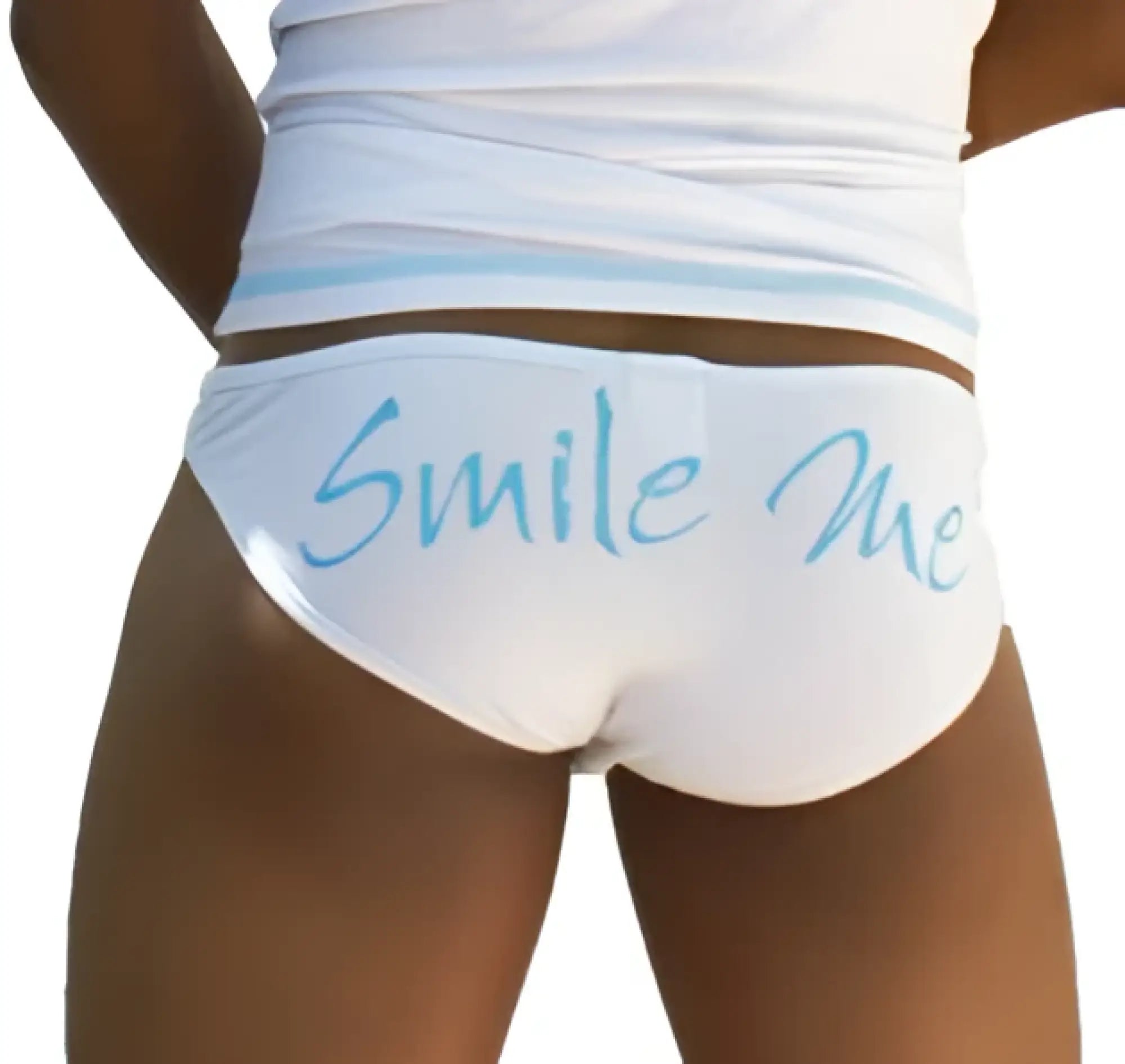 White Icker Sea slip bikini briefs with light blue smile me cursive text on soft breathable fabric