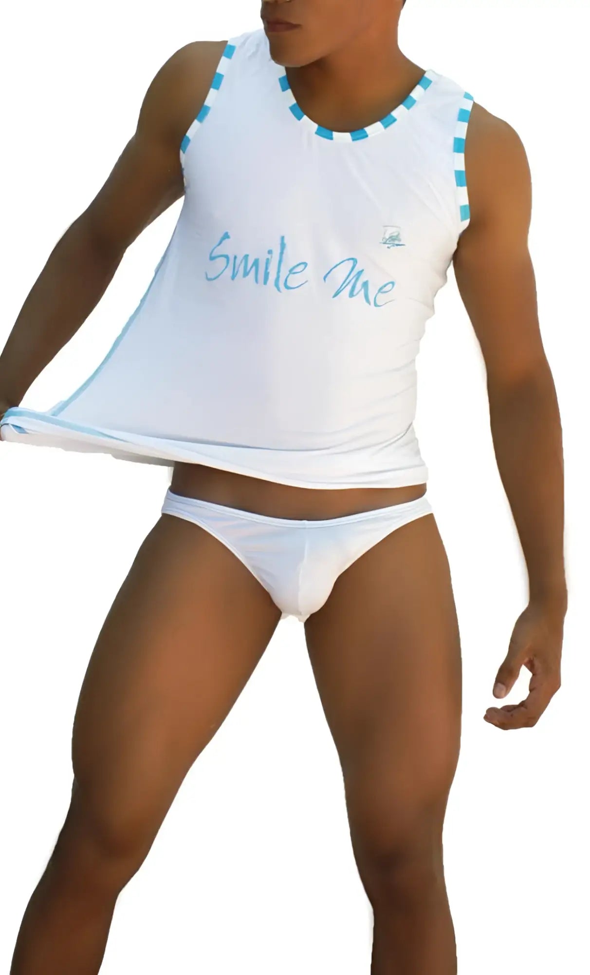 White sleeveless top with light blue trim and smile me print from icker sea smile me slip bikini underwear collection