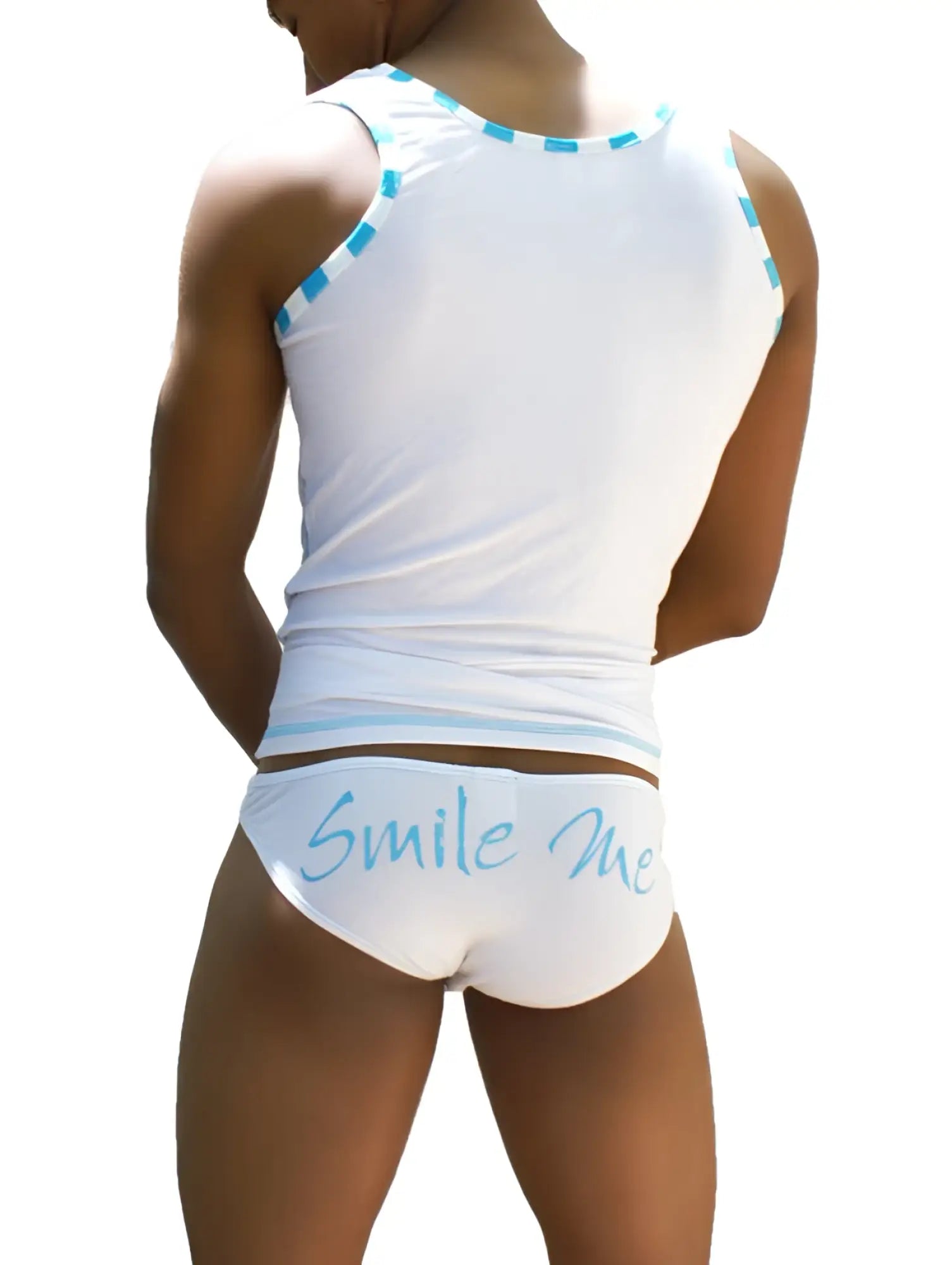 White tank top with light blue trim and matching white briefs featuring smile me cursive script from Icker Sea slip bikini underwear