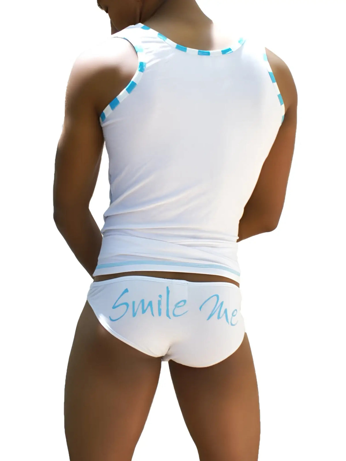 White tank top with light blue trim and matching white briefs featuring smile me cursive script from Icker Sea slip bikini underwear