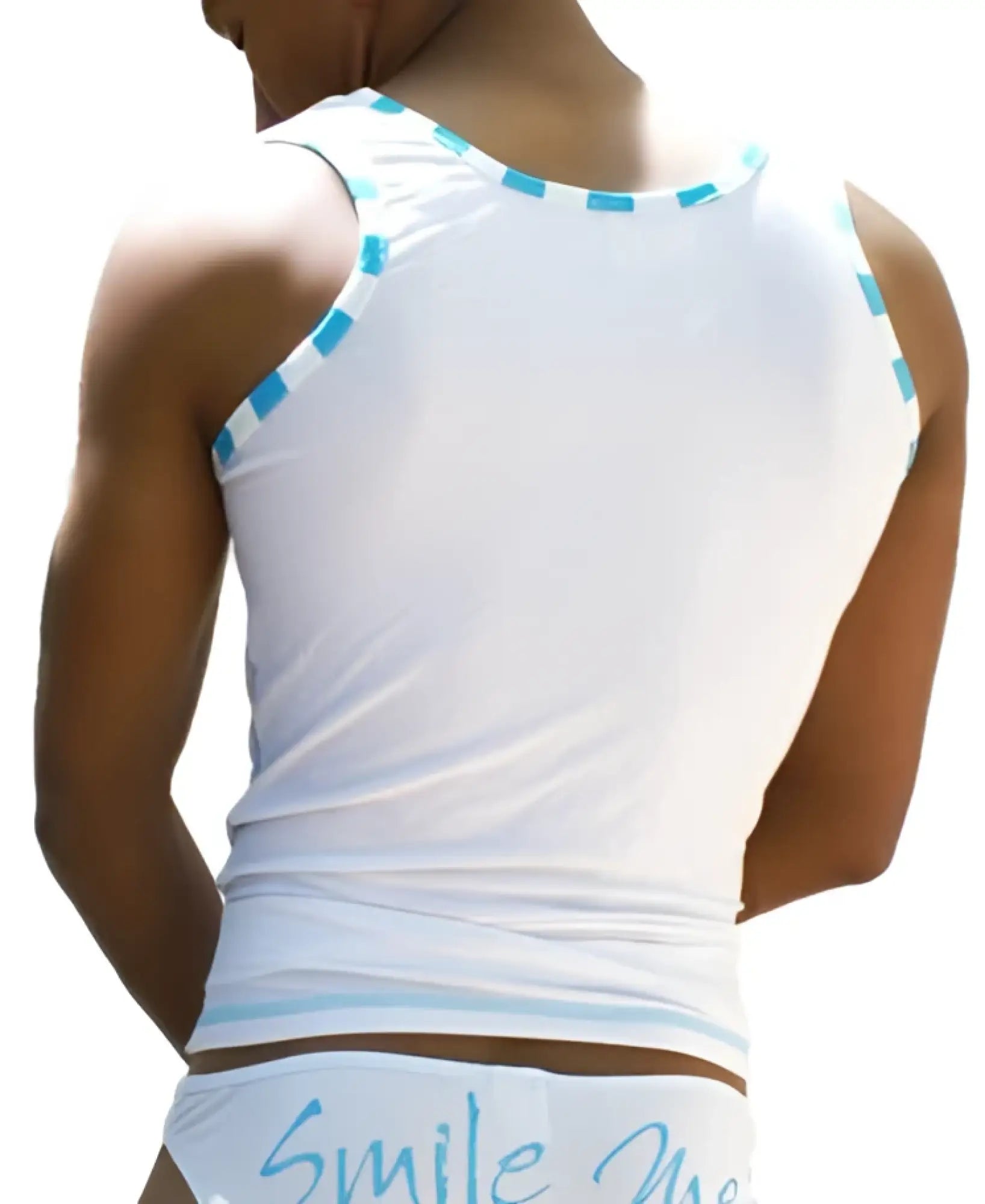 Icker Sea Smile Me Stripe Trim tank top white with light blue trim and snug fit along neckline and armholes