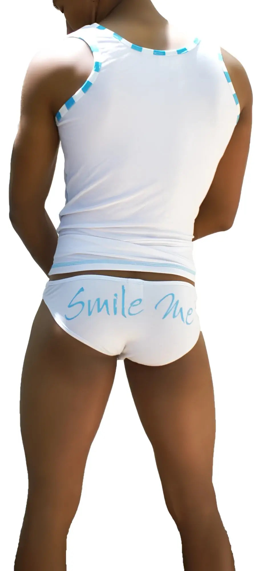 White Icker Sea Smile Me tank top and briefs set with light blue trim and cursive smile me design in cotton blend