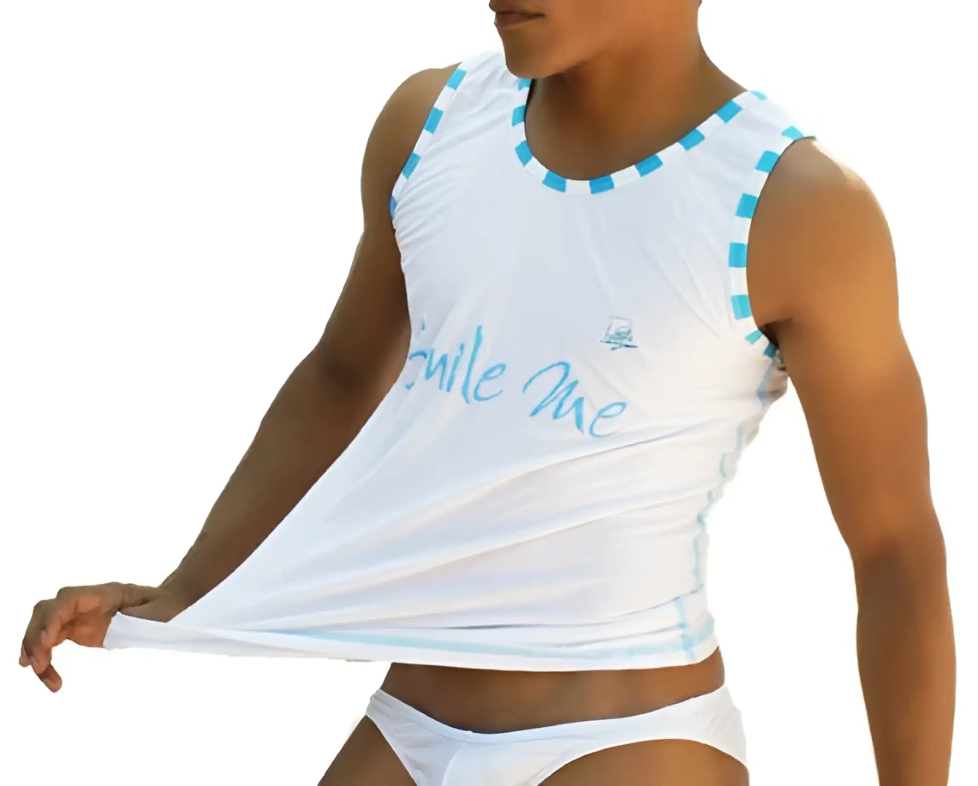 White sleeveless tank top with light blue smile me trim by icker sea casual breathable cotton tee