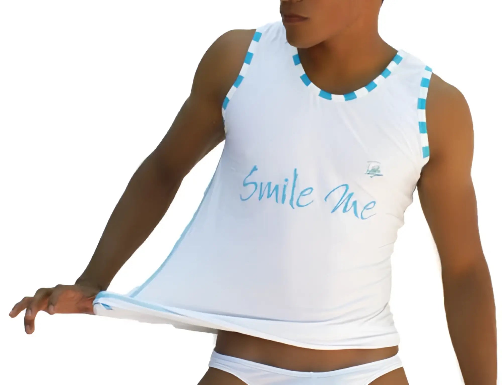 White sleeveless tank top with light blue smile me text and matching checkered trim by icker sea