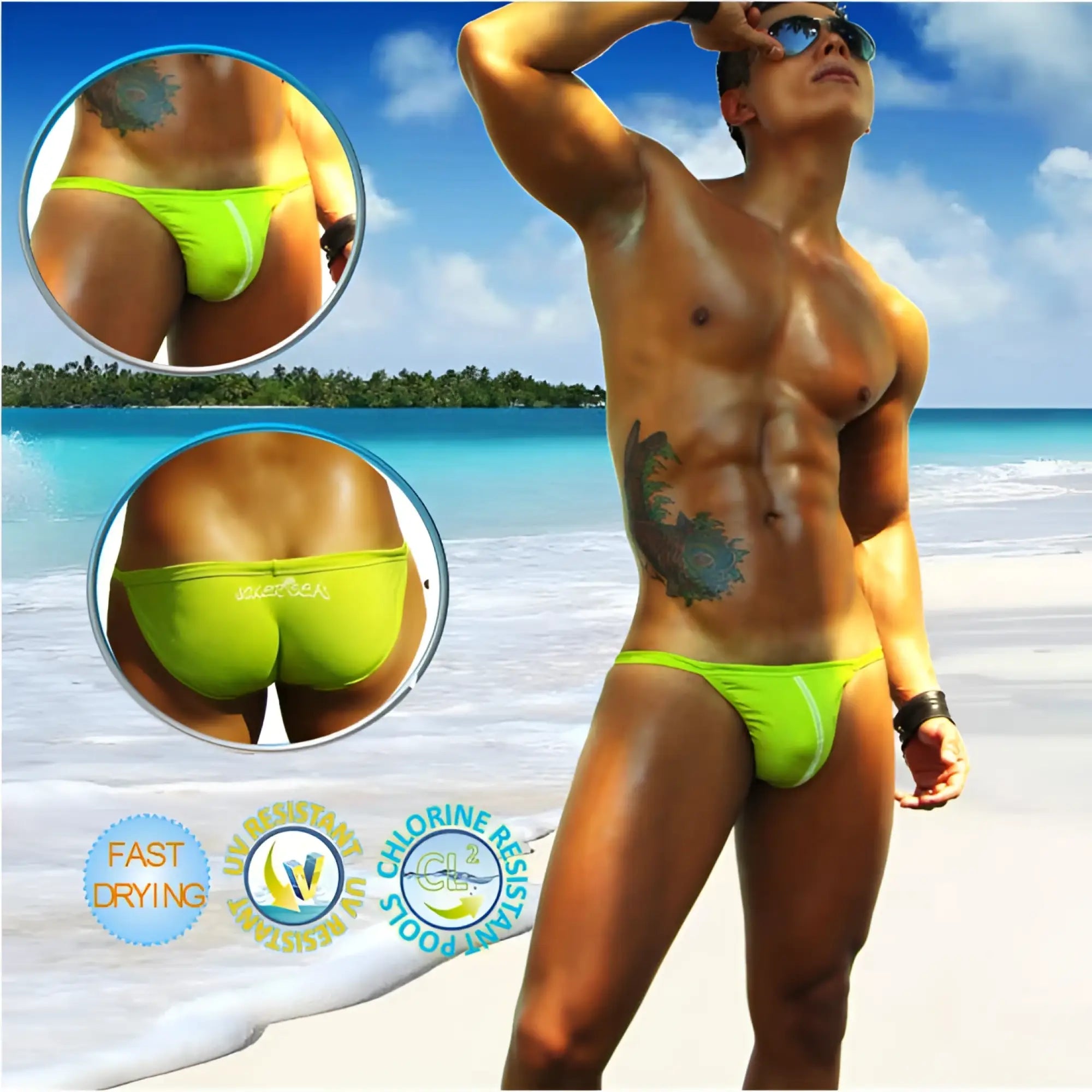 Icker Sea solid micro slip bikini swimwear in bright neon green with athletic cut and white waistband trim