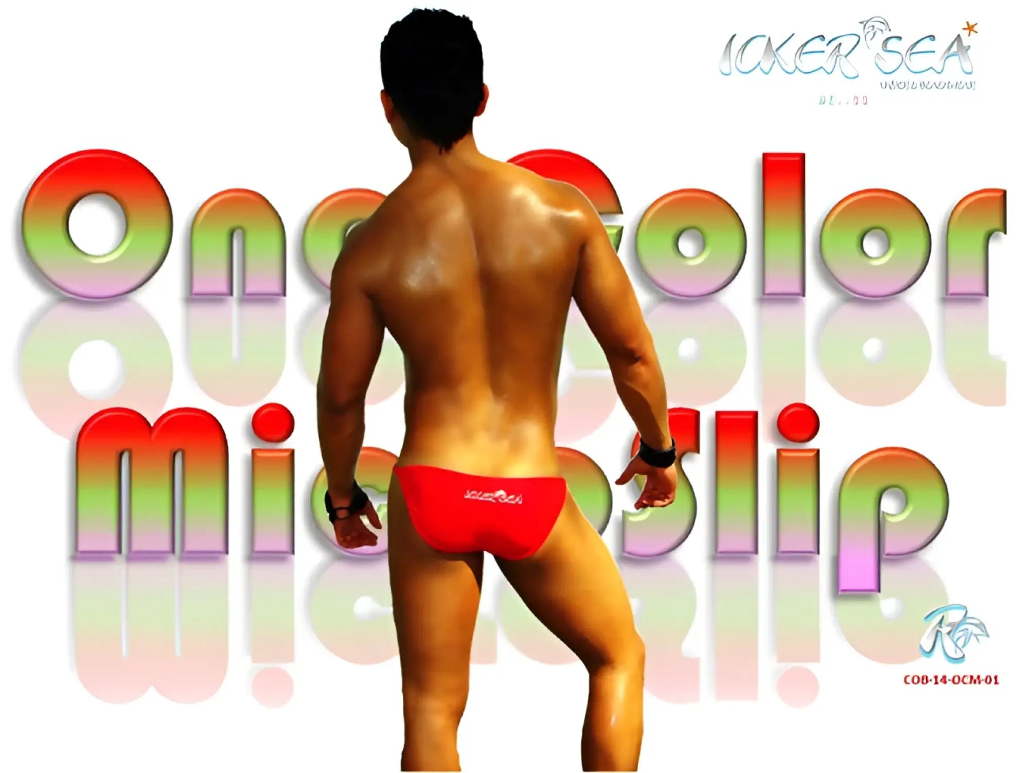 Red icker sea solid micro slip bikini swimwear showing the back with a small logo on one-piece swim trunks