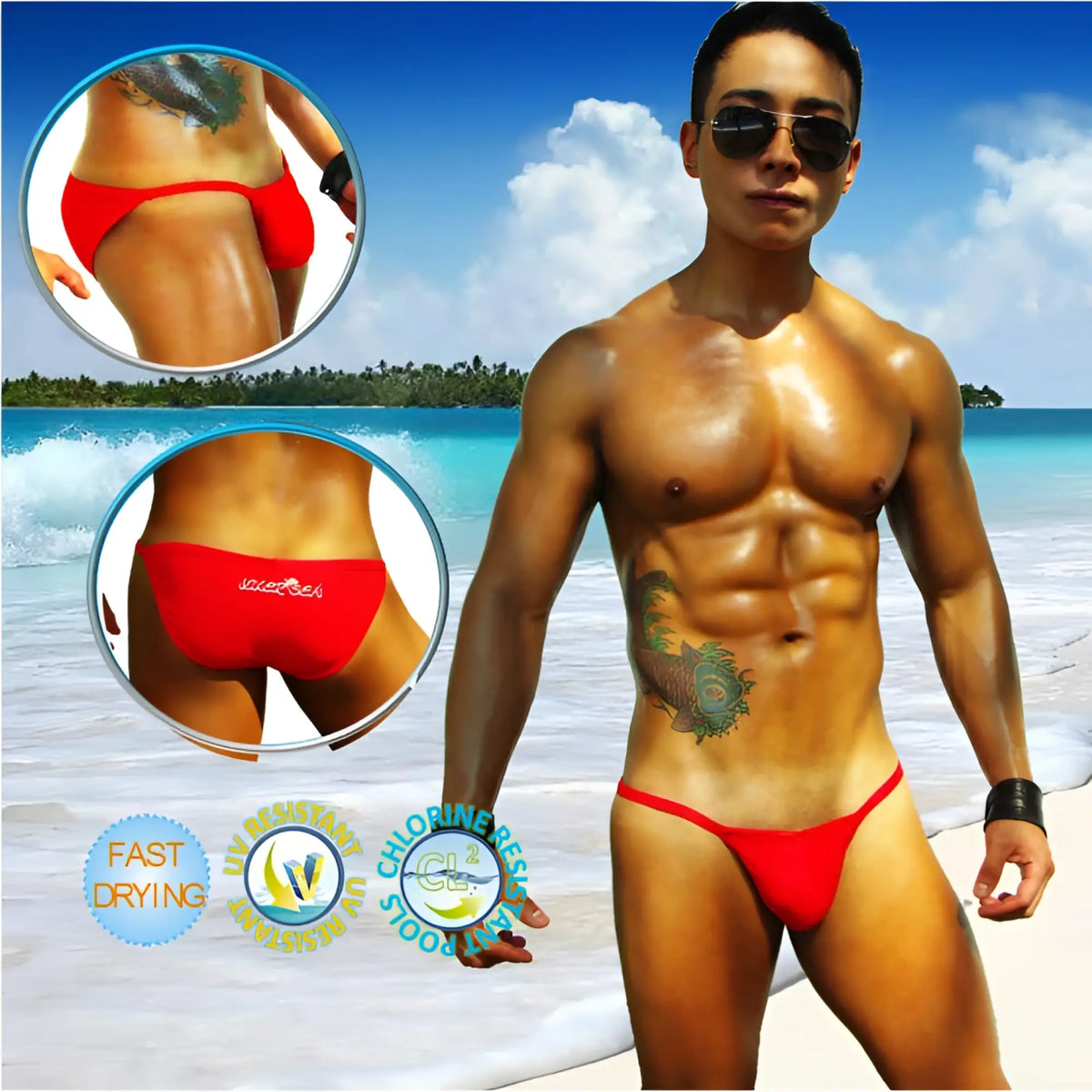 Vibrant red snug-fitting icker sea solid micro slip bikini swimwear with subtle brand logo on waistband