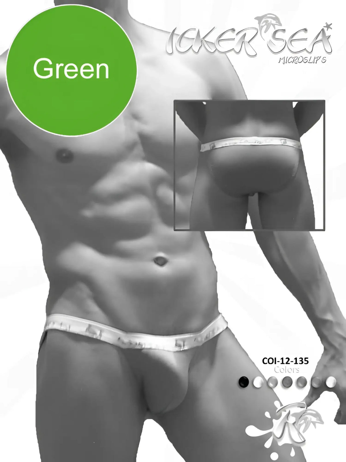 Icker sea solid micro slip bikini underwear green with white elastic waistband and brand logo in front view