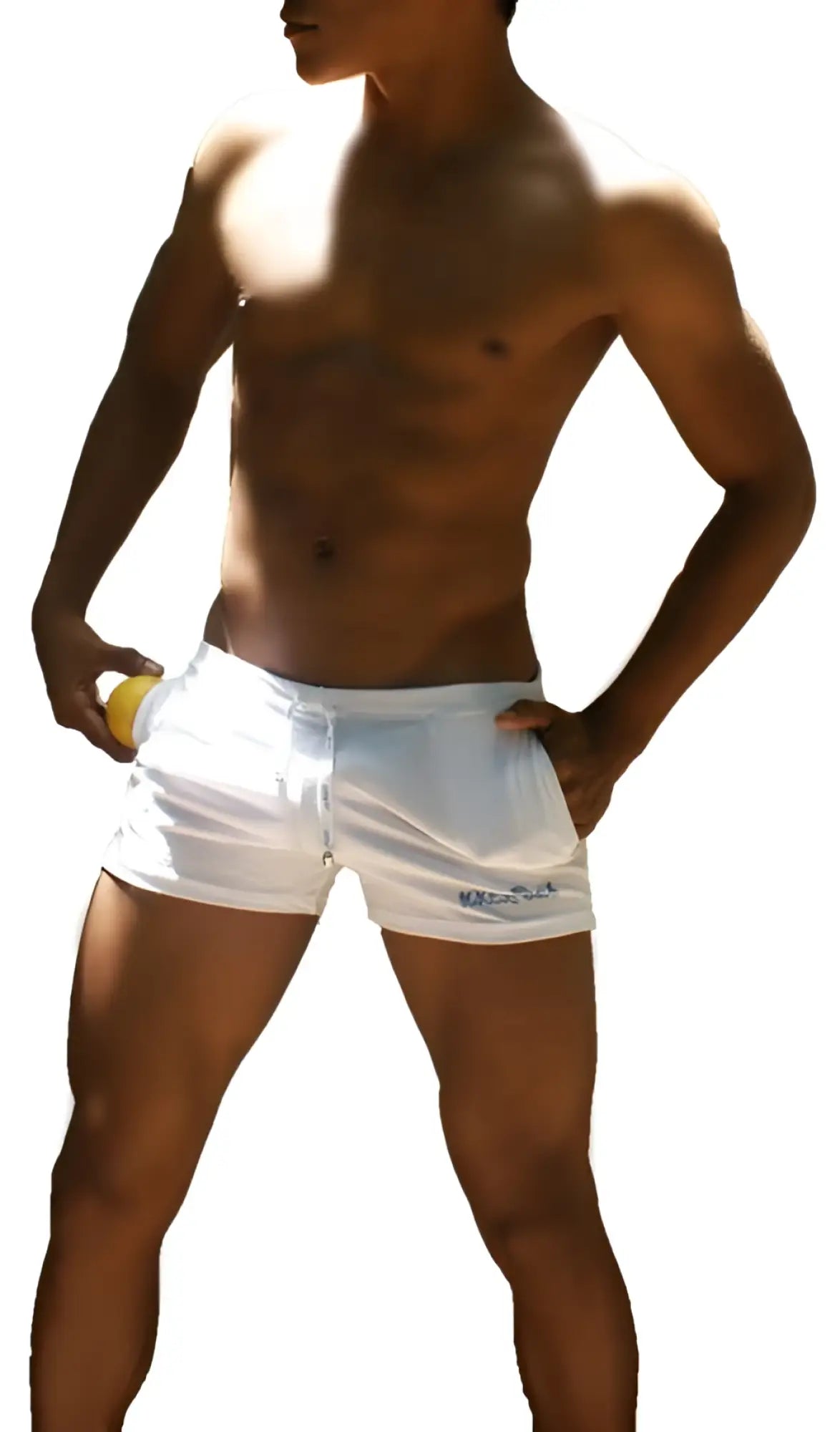 White icker sea sports tennis shorts with drawstring waistband and subtle lower left leg branding SHR-13-02