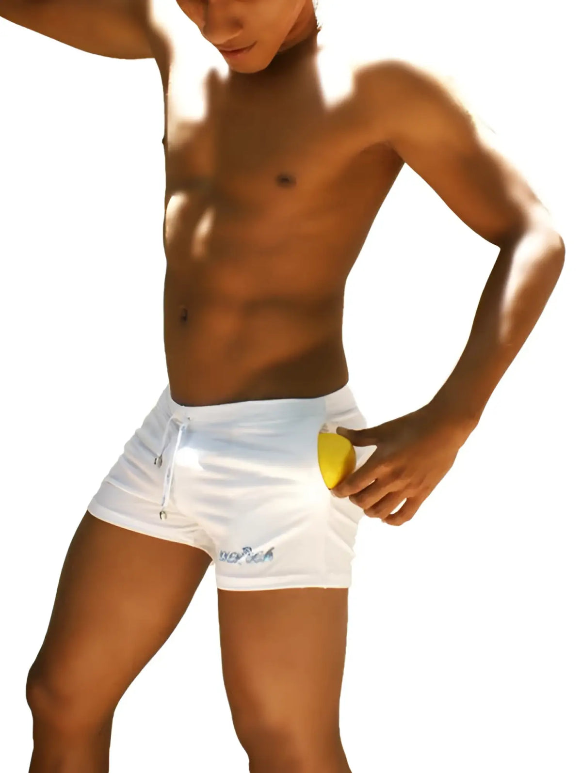 Icker Sea sports tennis shorts white shr-13-02 with white drawstring swim trunks and subtle blue embroidery on side